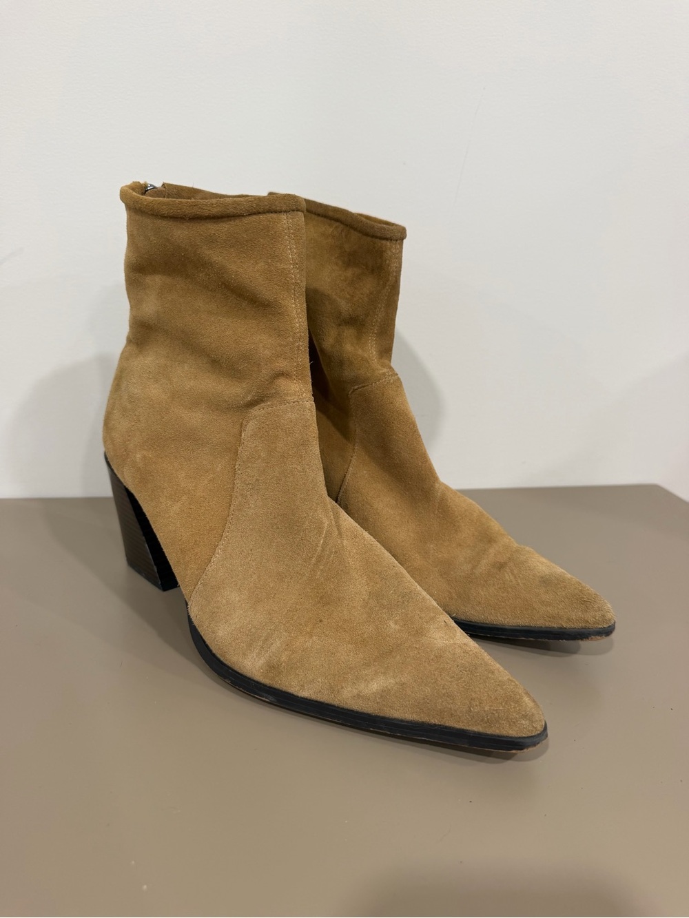 Zara Genuine Suede Pointed-Toe Ankle Boots - Tan